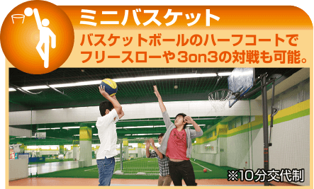 バスケットボールのハーフコートでフリースローや3on3の対戦も可能。※10分交代制